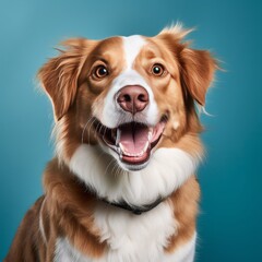 Happy smiling pet dog with tongue out on blue background, cute dog looking at camera isolated
