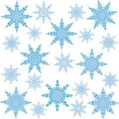 twenty one cyan snowflakes collection on white