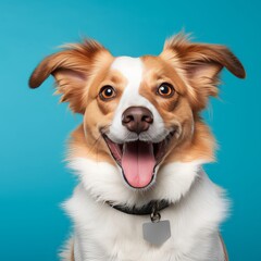 Adorable happy dog sticking out tongue, isolated on blue background, smiling pet looking at camera