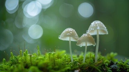 Translucent mushrooms with delicate stems in a lush forest, their caps glistening with moisture, evoke the ethereal beauty of nature's small wonders, ideal for nature and fantasy themes. - obrazy, fototapety, plakaty