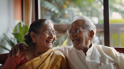 Two elderly Indian people talking and laughing together. 
