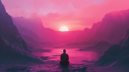 A person sits in solitude against a surreal pink landscape, evoking introspection and the vastness of nature, perfect for themes of solitude, meditation, and the sublime, with ample text space.