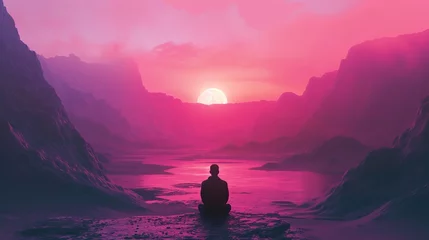 Keuken foto achterwand A person sits in solitude against a surreal pink landscape, evoking introspection and the vastness of nature, perfect for themes of solitude, meditation, and the sublime, with ample text space. © logonv