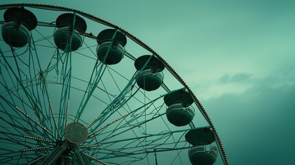A Ferris wheel's silhouette against a teal twilight sky, capturing the nostalgia of fairs, suitable for design backdrops with its clear sky offering copy space.