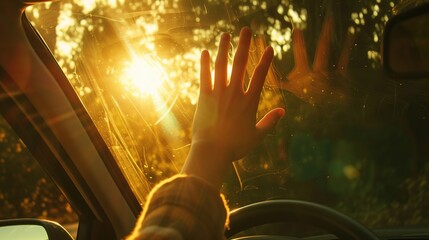 A hand reaches towards the sunlight streaming through a car window, evoking a sense of freedom and the joy of a road trip. Suitable for travel and leisure themes