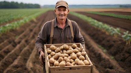 farmer carries potatoes in box across the field, harvest time, vegetable production on the manufacturer farm, growing potato tubers from land soil, farming, fresh healthy vegetarian. generative.ai