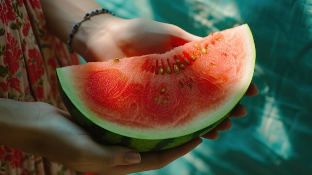 Fresh slice of watermelon held in hands against a summery dress, offering a burst of flavor and freshness. The image is perfect for food, health, and lifestyle themes, with a focus on organic eating