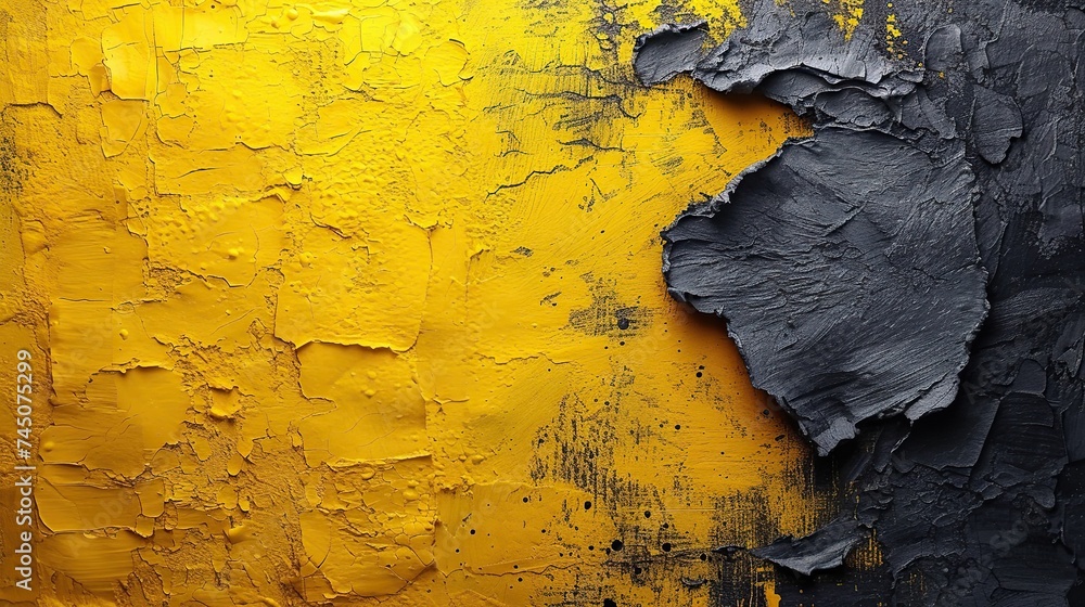 Poster an abstract background with a stark contrast between yellow and black textures, suggesting themes of