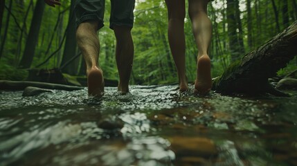 Low section shot of man and woman crossing the stream barefooted. Couple walking by the creek in forest with their shoes in hand. Hikers hiking in forest. - Powered by Adobe