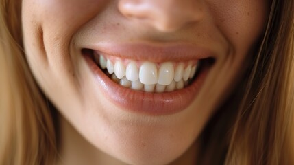 Very close up female's healthy teeth smiling