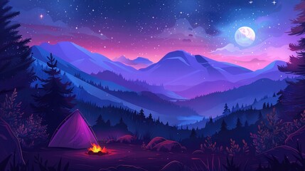 Mystical night landscape, in the foreground hike, campfire and tent