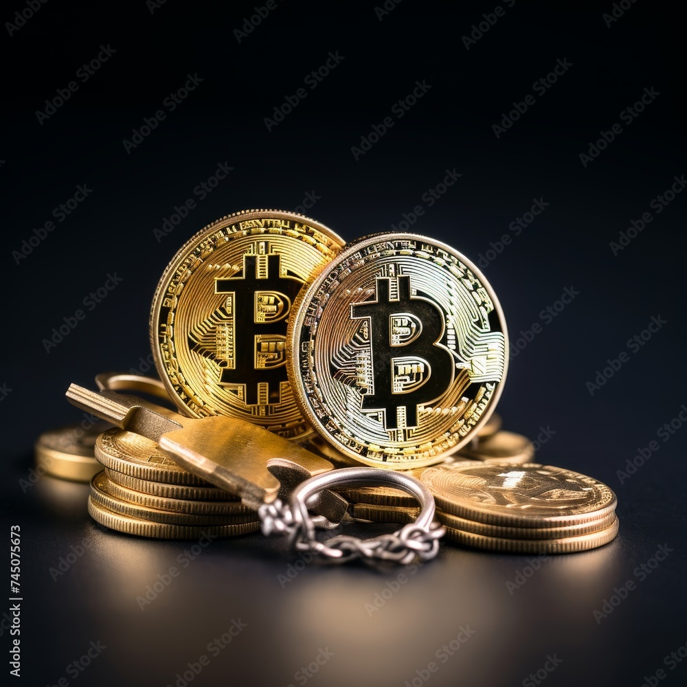 Poster bitcoin cryptocurrency coin with private key lock concept for digital background