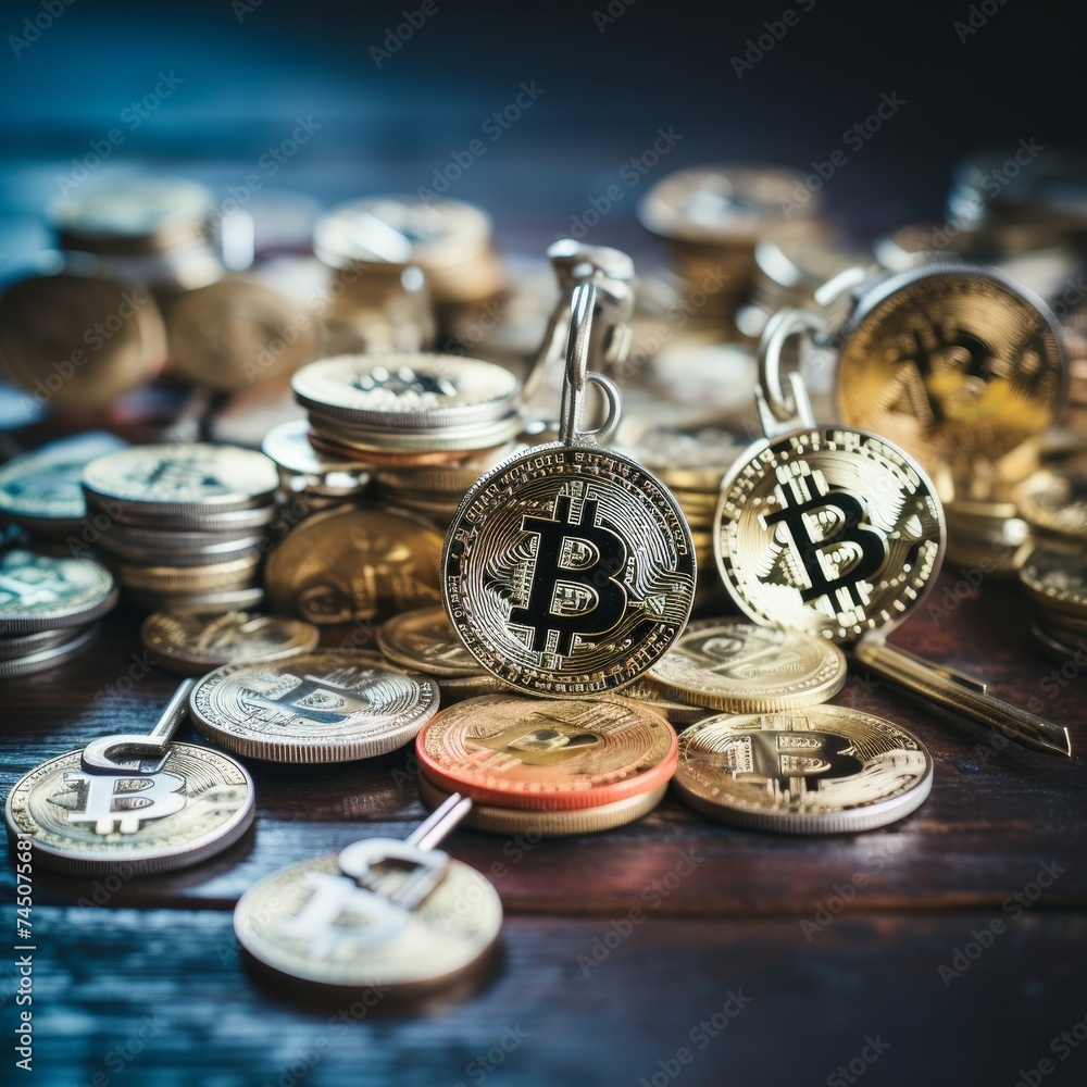 Poster bitcoin cryptocurrency coin private key lock digital background for secure transactions