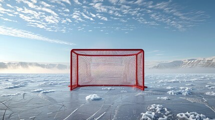 Red hockey goal. Front view from ice - obrazy, fototapety, plakaty
