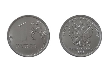 1 Rouble 2017 year on white background. Coin of Russia. Obverse In the centre – the image of the...