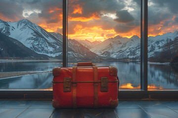Red Suitcase by Window - obrazy, fototapety, plakaty