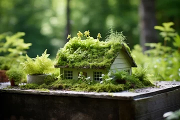 Tuinposter Eco-friendly paper house surrounded by moss and vibrant greenery in garden setting © Daria