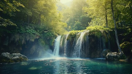 Small waterfall flowing into blue lake surrounded by rocks and green trees growing in forest on sunny day
