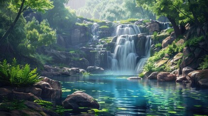 Small waterfall flowing into blue lake surrounded by rocks and green trees growing in forest on sunny day