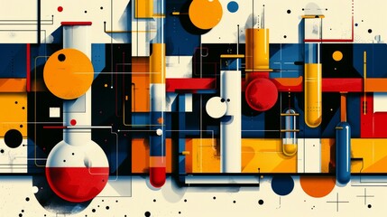Vibrant abstract composition with a dynamic arrangement of geometric shapes and a bold color...