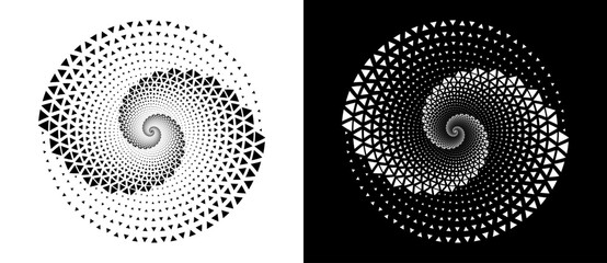 Abstract background with triangles in circle. Art design spiral as logo or icon. A black figure on a white background and an equally white figure on the black side. - obrazy, fototapety, plakaty