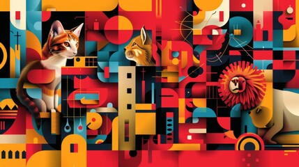 Colorful abstract digital art collage featuring animals like cats and a lion integrated with geometric patterns.
