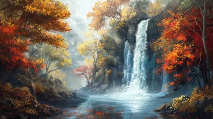 Fototapeten Autumn Colors of waterfalls in deep forest © buraratn