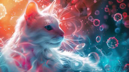 A serene cat with striking blue eyes is depicted amidst a fantastical backdrop of glowing cosmic orbs and delicate light.