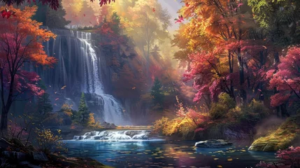 Stickers pour porte Rivière forestière Autumn Colors of waterfalls in deep forest