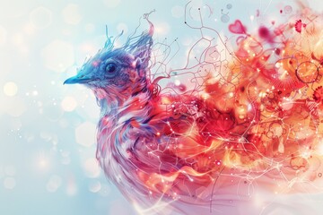 A digital art piece featuring a surreal bird portrait adorned with a cascade of abstract swirls and vivid colors.
