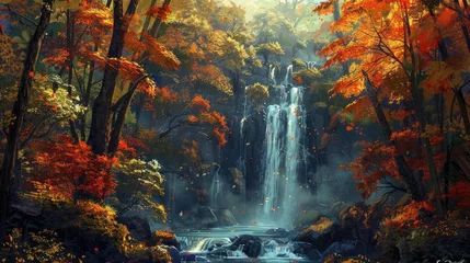 Papier Peint photo Rivière forestière Autumn Colors of waterfalls in deep forest