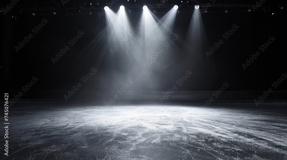 Poster background. beautiful empty winter background and empty ice rink with lights. spotlight shines on th