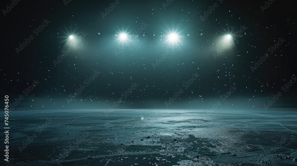 Poster background. beautiful empty winter background and empty ice rink with lights. spotlight shines on th