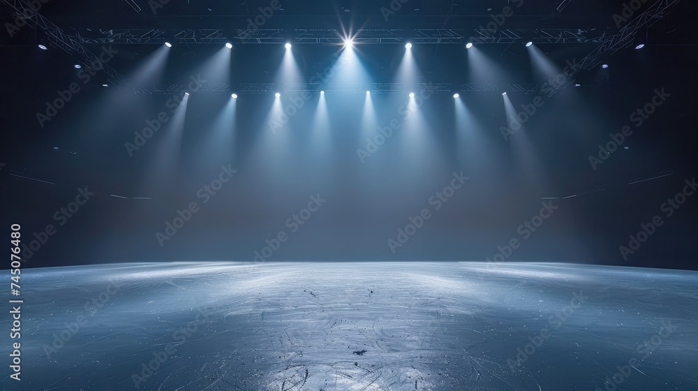Poster background. beautiful empty winter background and empty ice rink with lights. spotlight shines on th