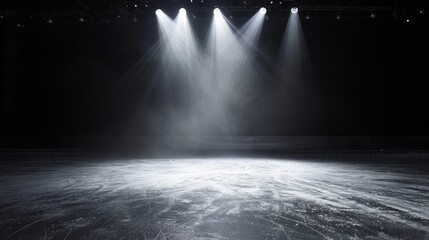 Background. Beautiful empty winter background and empty ice rink with lights. Spotlight shines on the rink. Bright lighting with spotlights. Isolated in black - obrazy, fototapety, plakaty