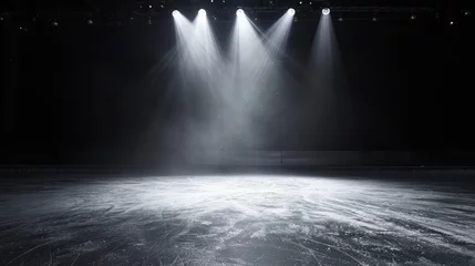 Fotobehang Background. Beautiful empty winter background and empty ice rink with lights. Spotlight shines on the rink. Bright lighting with spotlights. Isolated in black © buraratn