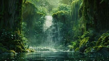 Background of streaming waterfall. small waterfall . deep forest brook has green jungle from big tree.The forest protected by forester all time. rainforest cover by bright green moss.