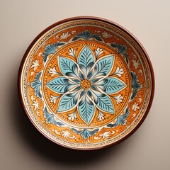 Decorative Moroccan ceramic hand painted plate, handmade, isolated, closeup top view. - 745076458