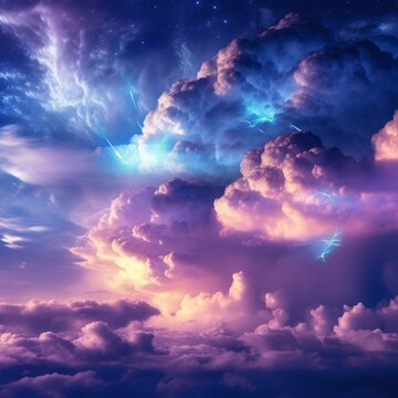 Colorful abstract fantasy sky with neon clouds, purple and blue banner, artistic digital background