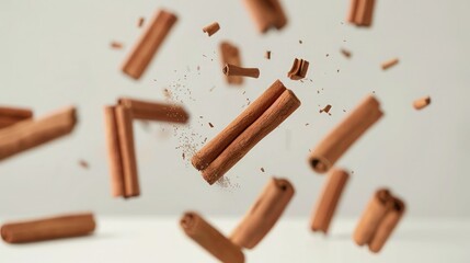Cinnamon sticks levitate on a white background - obrazy, fototapety, plakaty