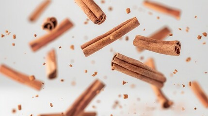 Cinnamon sticks levitate on a white background - obrazy, fototapety, plakaty