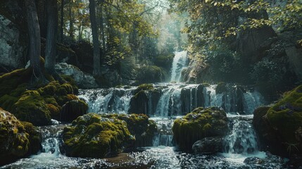 forest waterfall and rocks covered with moss