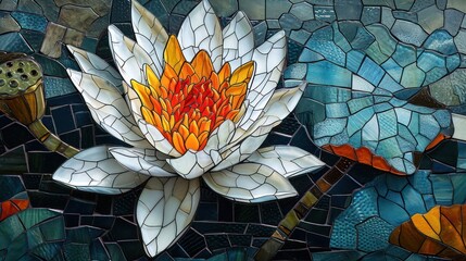 stained glass art composition featuring a lotus flower, portraying its delicate petals and serene symbolism in a captivating mosaic design