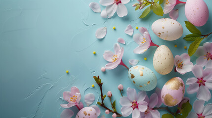 Easter eggs and cherry blossoms on blue background. Happy Easter card.