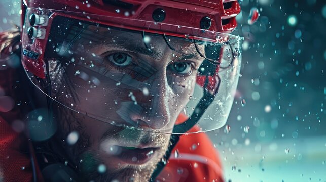 ice hockey player stoping on ice close up