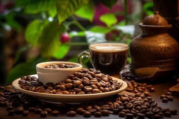 Fototapeta premium A cup of freshly brewed coffee next to scattered coffee beans on a rustic wooden table
