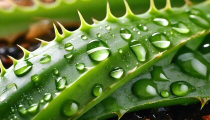Close-up of fresh green aloe vera leaves with water drops. Natural hydration.