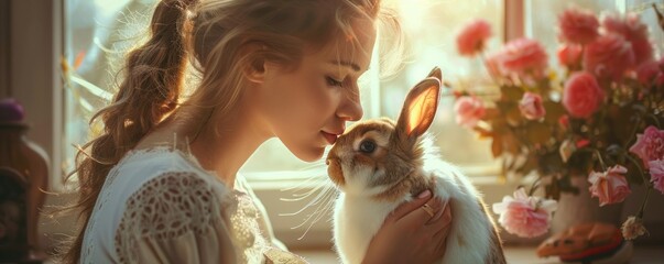 A young woman in a lace dress tenderly noses a brown and white rabbit by a sunny window with flowers. - Powered by Adobe