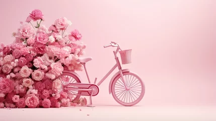 Zelfklevend Fotobehang Glamorous pink bicycle with flower basket on pink background. Generative AI © Stanislava