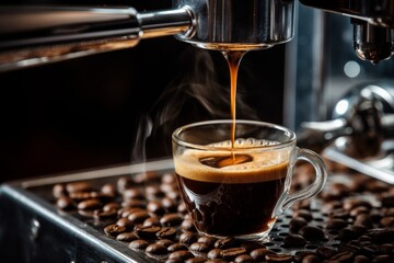 Barista making and pouring freshly brewed espresso from coffee machine at cozy cafe